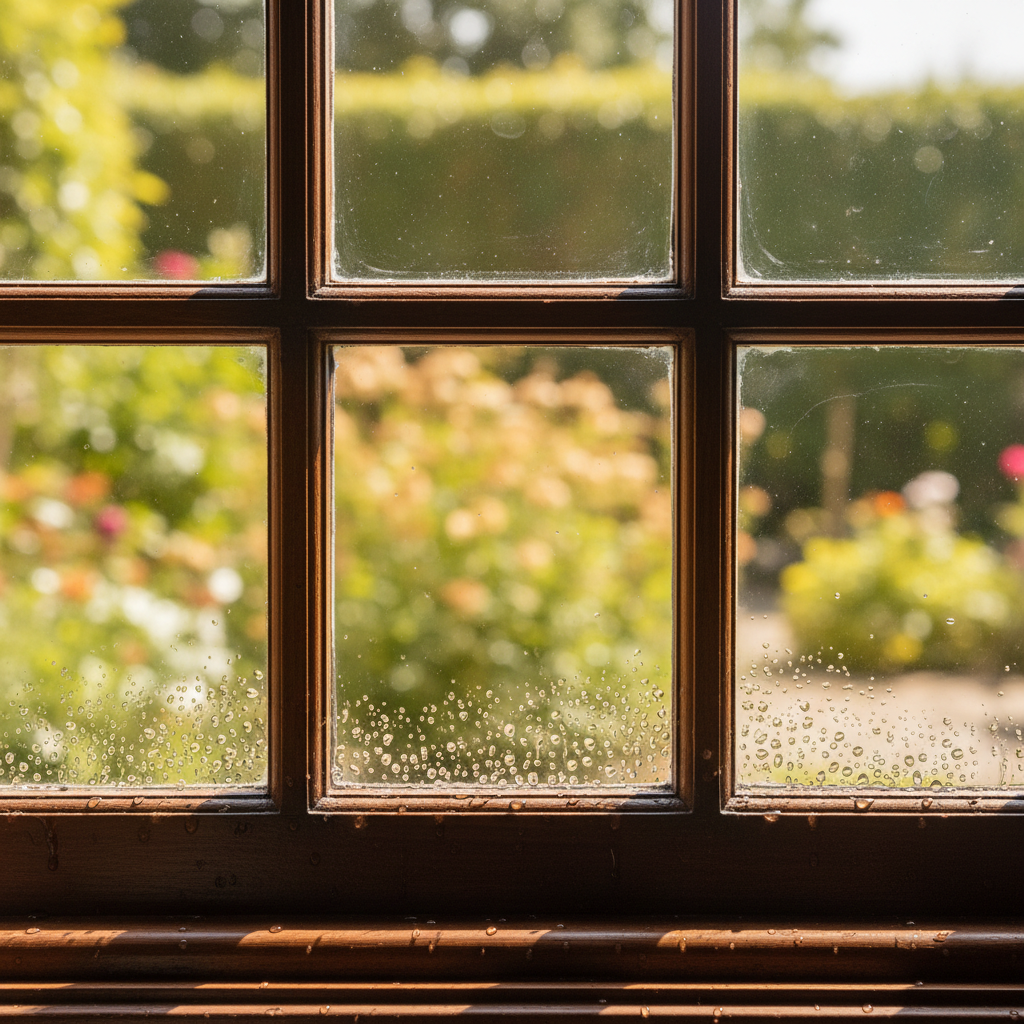 A close-up of glistening, freshly cleaned window panes set within dark wood frames, with a blurred, sunlit garden visible beyond. Delicate drops of water bead along the bottom edge of the glass, accentuating the pristine clarity and spotlessness. Soft afternoon sunlight filters through, casting gentle reflections and lending a warm, inviting glow to the scene. The image is photographed straight-on with a shallow depth of field, focusing solely on the glass and its immediate textures. The atmosphere is serene and satisfying, reinforcing care and precision. The visual style is photographic, polished, and structured, perfect for conveying meticulous, high-quality cleaning results.