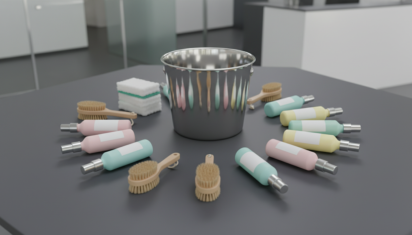 A collection of meticulously arranged cleaning tools—a chrome bucket, softly textured white sponges, natural bristle brushes, and pastel-colored spray bottles—set on a sleek, slate-grey surface. The background is softly blurred to suggest the clean lines of a professional environment, such as an office or care facility reception area. Overhead lighting creates defined, but subtle, highlights on the polished surfaces and soft, consistent shadows for depth. Captured from a top-down, flat lay perspective with centered composition, the scene is structured, organized, and highly professional. The photographic, corporate aesthetic visually communicates reliability, precision, and readiness for service.