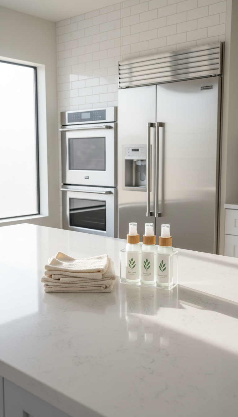 A spotless, modern kitchen workspace featuring gleaming stainless steel appliances, immaculate white tile backsplash, and neatly organized countertops free from clutter. The centerpiece is a folded stack of soft, neutral-toned microfiber cleaning cloths resting beside a discreet caddy of environmentally friendly spray bottles. The scene is bathed in gentle, natural daylight from a nearby window, producing subtle highlights and soft, reassuring shadows. The composition uses a slightly elevated perspective and balanced symmetry, emphasizing order and cleanliness. The mood is calm, professional, and welcoming, embodying a corporate, photographic realism with clean lines and a contemporary aesthetic perfectly suited for a trustworthy cleaning service business.